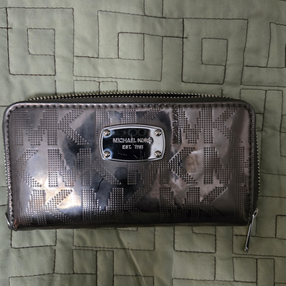 Michael Kors Metallic Logo Zip Wallet in Gunmetal